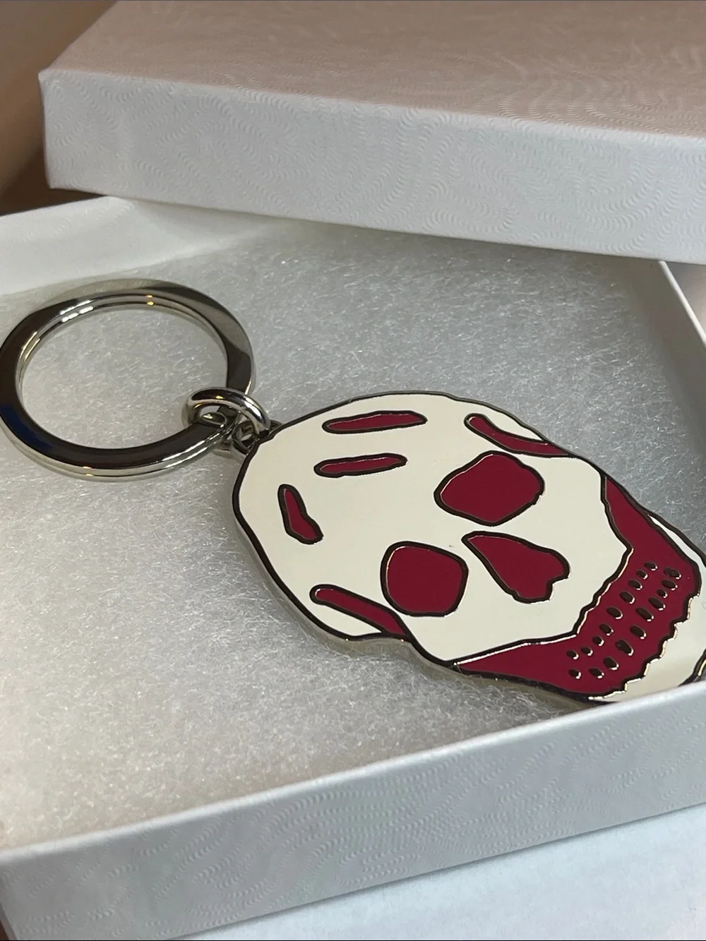 Alexander McQueen White and Burgundy Skull Enamel Keychain